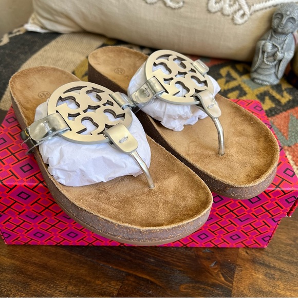 Tory Burch Miller Cloud Metallic Silver Cork Sole Sandals US7 - Picture 3 of 14